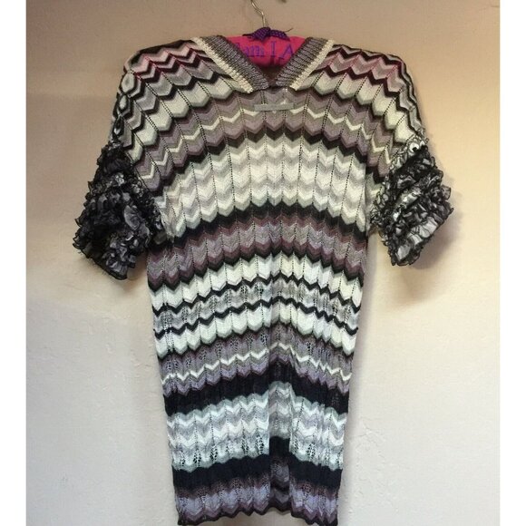 Jean Paul Gaultier Womens Small Short Sleeve Ruffle Lace Knit Top Chevron Gray - Picture 3 of 10